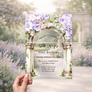 Lavender florals arch beige birthday clear acrylic invitations
