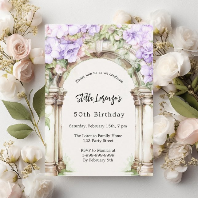Lavender florals arch beige birthday invitation (Creator Uploaded)