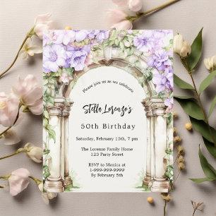 Lavender florals arch beige birthday invitation