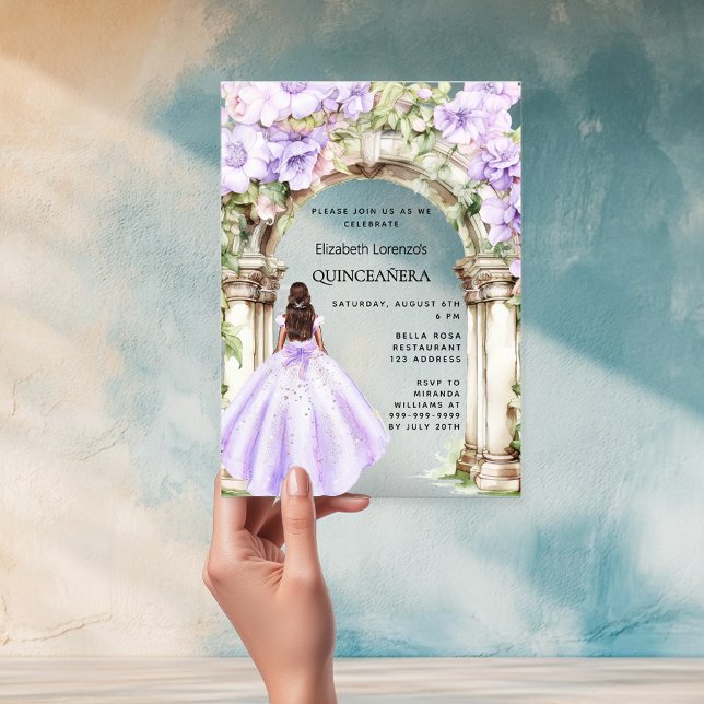 Lavender florals arch dress clear Quinceanera Acrylic Invitations (Creator Uploaded)