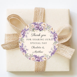 Lavender florals cream champagne wedding thank you classic round sticker