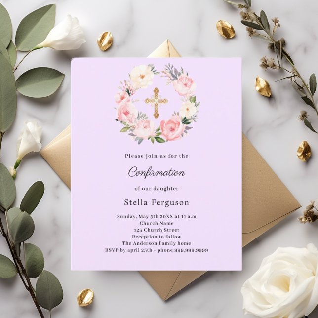 Lavender florals cross Confirmation invitation (Creator Uploaded)