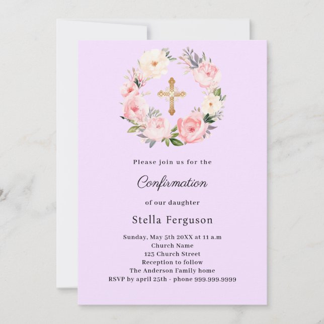 Lavender florals cross Confirmation Invitation (Front)