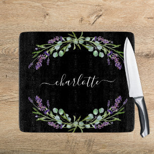 Lavender florals eucalyptus greenery name black cutting board
