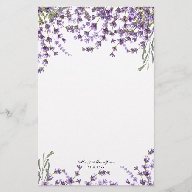 Lavender florals greenery wedding notepaper stationery (Front)