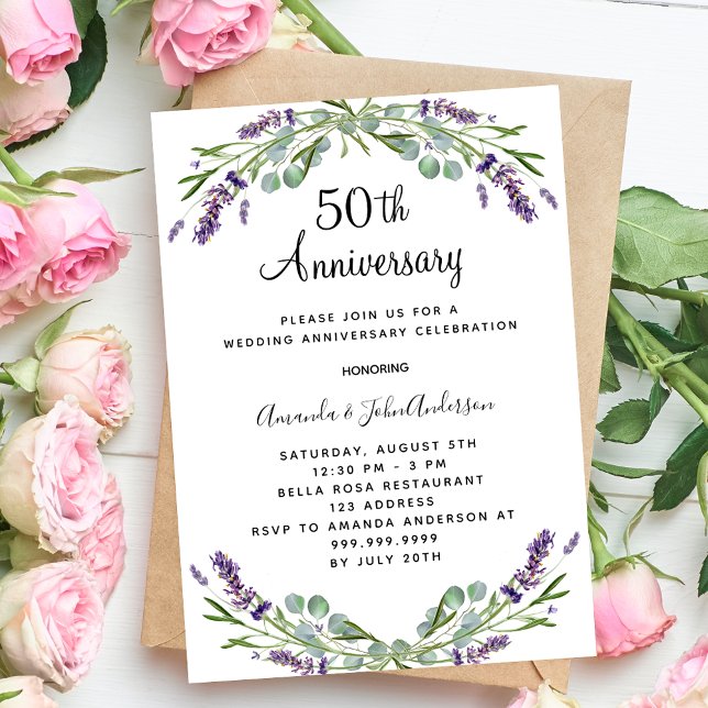 Lavender florals luxury 50th wedding anniversary invitation (Creator Uploaded)