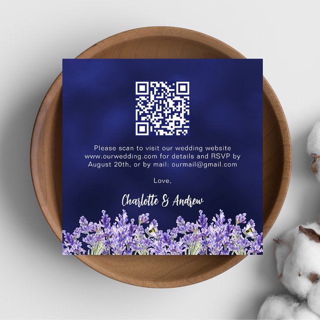 Lavender florals navy blue QR code wedding RSVP Enclosure Card (Creator Uploaded)