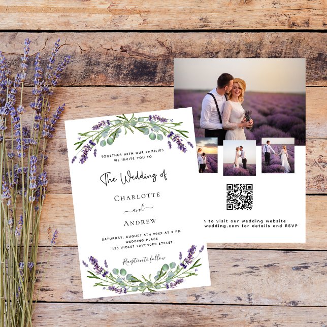 Lavender florals photo collage QR RSVP wedding Invitation (Creator Uploaded)