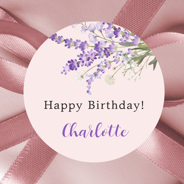 Lavender florals pink birthday classic round sticker (Creator Uploaded)