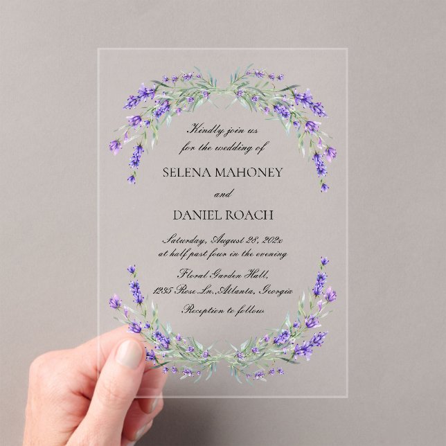 Lavender Florals Violet Wedding Acrylic Invitations (Insitu (Handheld))