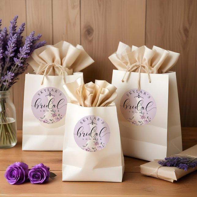 Lavender Florals White Wedding Dress Bridal Shower Classic Round Sticker (Lavender Florals White Wedding Dress Bridal Shower Classic Round Sticker)