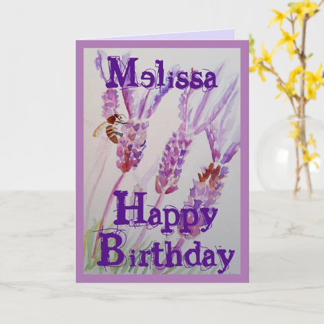 Lavender Flower and Bee Watercolor Birthday Card (Yellow Flower)