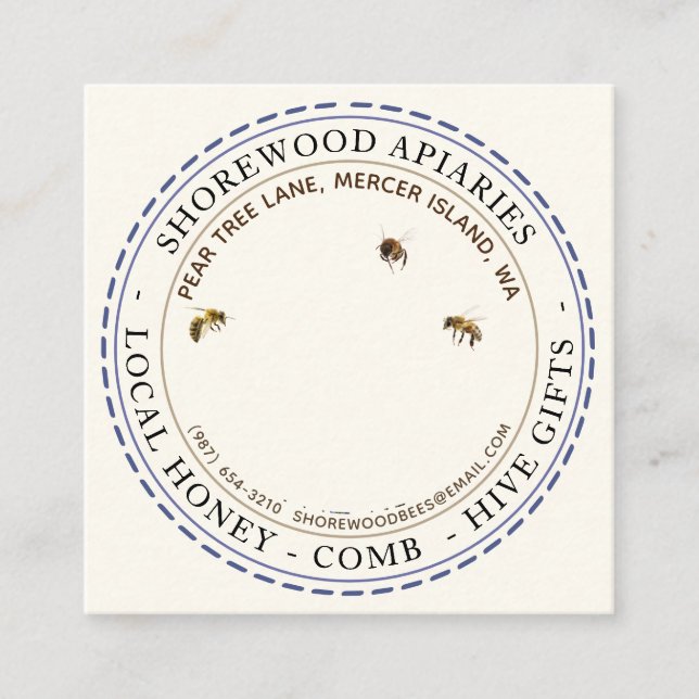 Lavender Flower Bees Honey Ivory Dashed Border Square Business Card (Front)