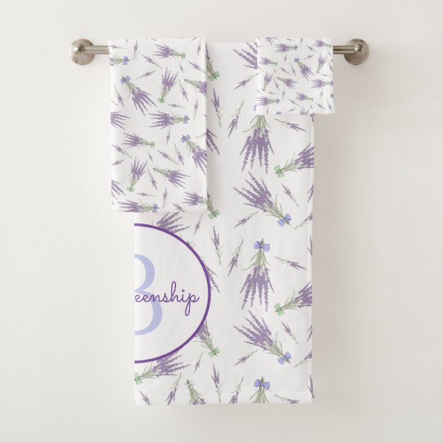 Lavender Flower Bundle Pattern Purple Bow Monogram Bath Towel Set (Insitu)