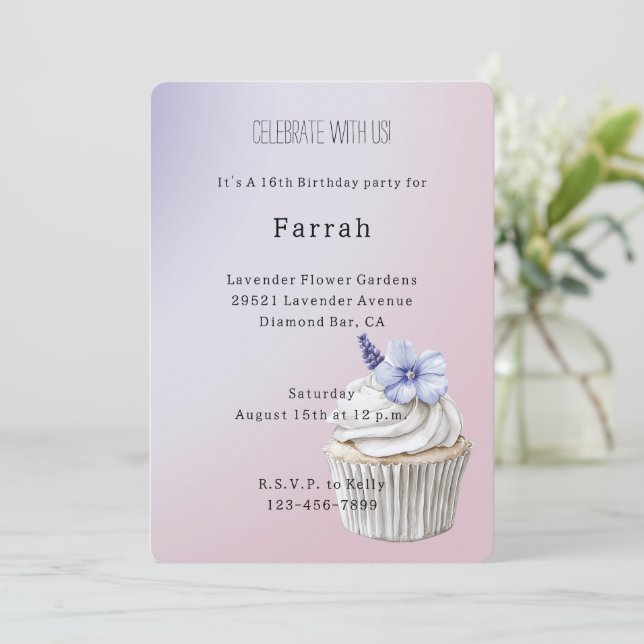 Lavender Flower Cupcake Birthday   Invitation (Standing Front)