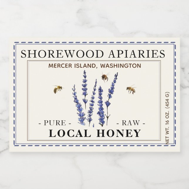 Lavender Flower Honey 3 x 2 Bees Dashed Border  Food Label (Single Label)