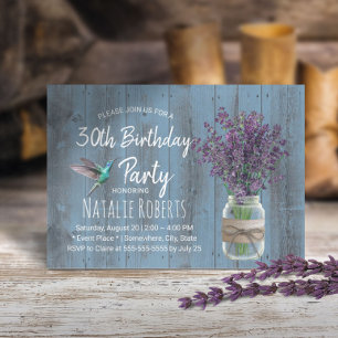 Lavender Flower & Hummingbird Dusty Blue Birthday Invitation