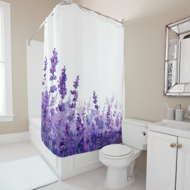 Lavender Flower Pastel Floral Whimsical Watercolor Shower Curtain (In Situ)