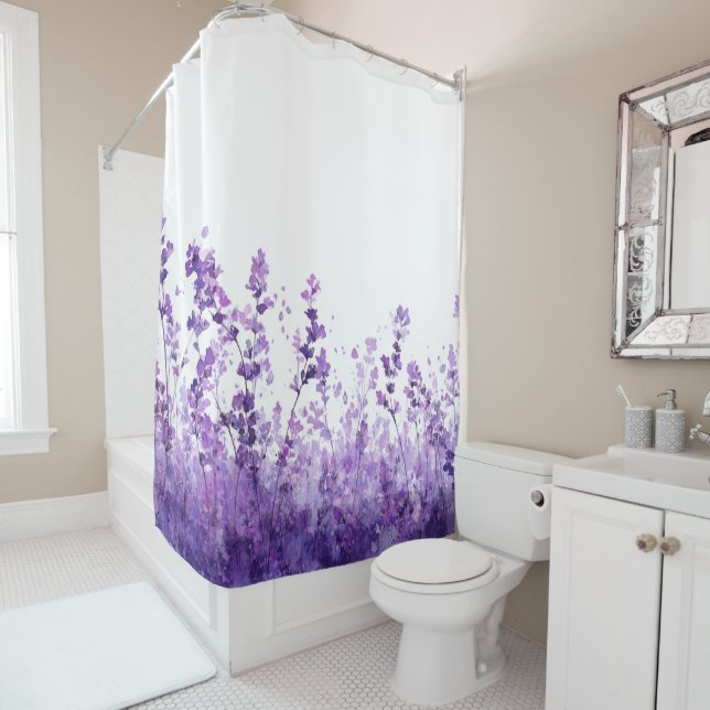 Lavender Flower Pastel Floral Whimsical Watercolor Shower Curtain (In Situ)