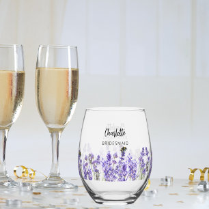 Lavender flowers bridesmaid stemless wine glass