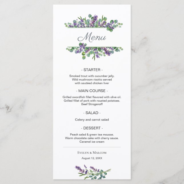 Lavender Flowers Eucalyptus Foliage Wedding Menu (Front)