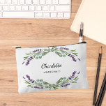 Lavender flowers greenery bridesmaid accessory pouch<br><div class="desc">White background,  black and purple text. Decorated with lavender flowers and eucalyptus greenery. 
Personalise and add your bridesmaid's name.</div>
