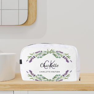 Lavender flowers greenery name monogram dopp kit
