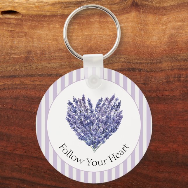 Lavender Flowers Heart Stripes Key Ring (Front)
