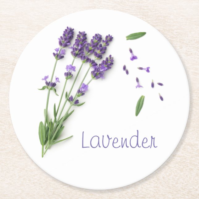 Lavender Flowers Isolated On White Background Round Paper Coaster (Front)