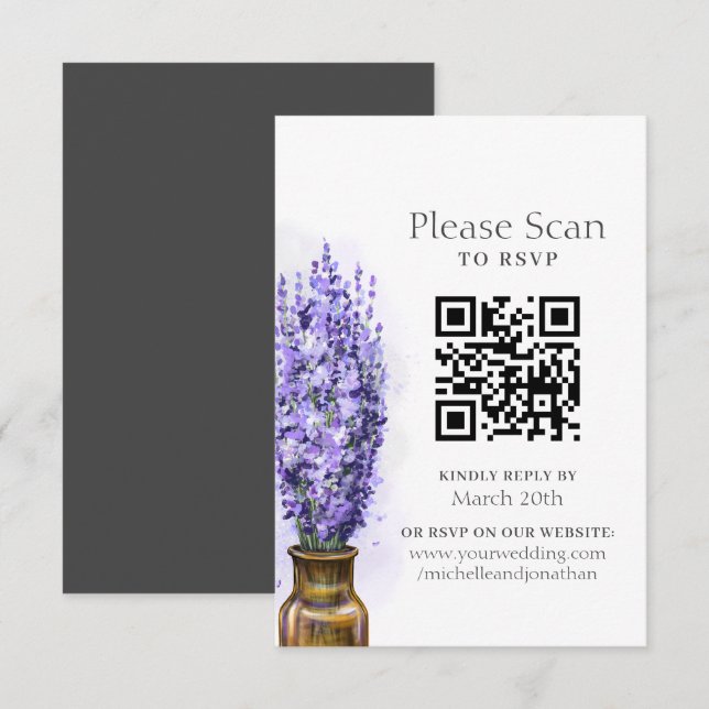 Lavender Flowers Modern Floral Wedding QR Code RSVP Card (Front/Back)