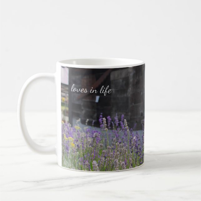Lavender flowers & Old Wood Shed Coffee Mug (Left)