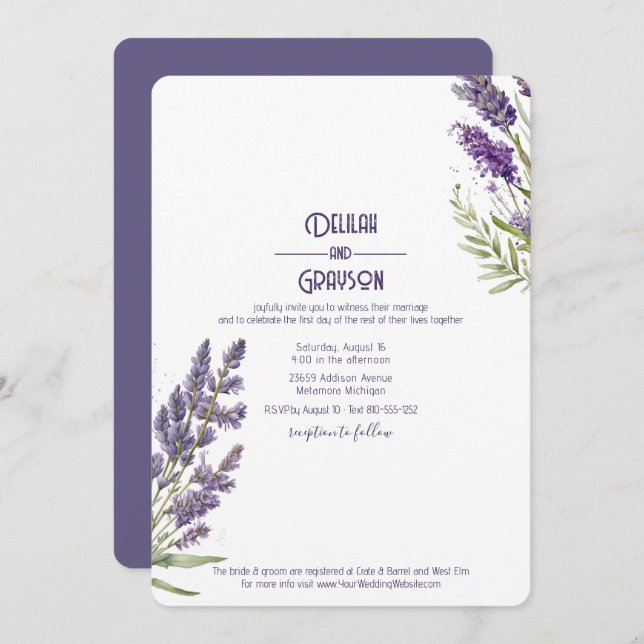 Lavender Flowers Rustic Purple Wedding Invitation (Front/Back)