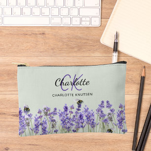 Lavender flowers sage green name monogram accessory pouch