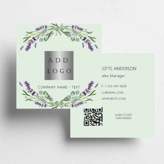 Lavender flowers violet green logo QR code Square Business Card (Creator Uploaded)
