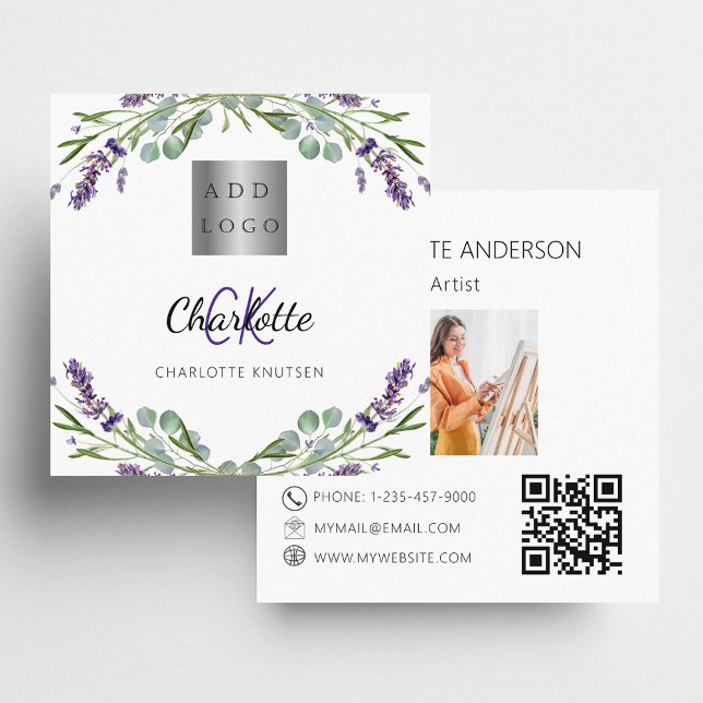 Lavender flowers violet monogram logo photo QR Square Business Card (Creator Uploaded)