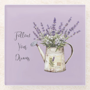 Lavender Flowers Watering Can Glass Coaster