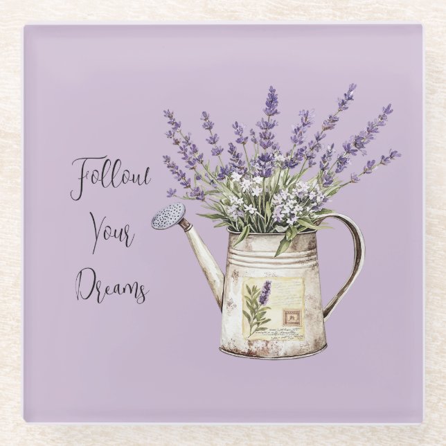 Lavender Flowers Watering Can Glass Coaster (Front)