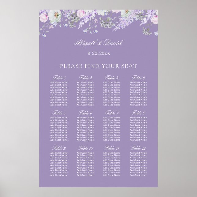Lavender Flowers Wedding Seating Chart (Front)