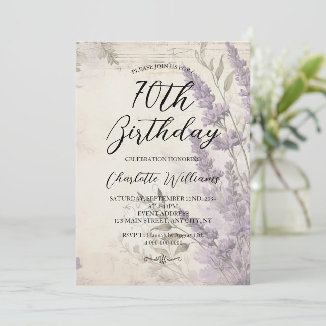 Lavender Flowers Women 70th Birthday Invitation (Standing Front)
