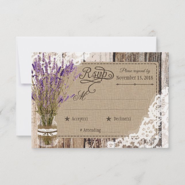 Lavender Flowers Wood Lace Rustic RSVP Card (Front)