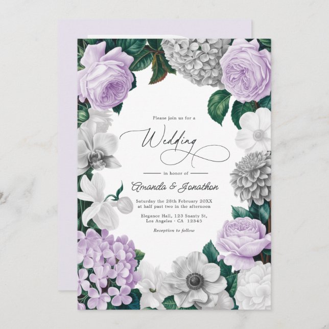 Lavender Fog, Heather Gray & Winter White Wedding Invitation (Front/Back)