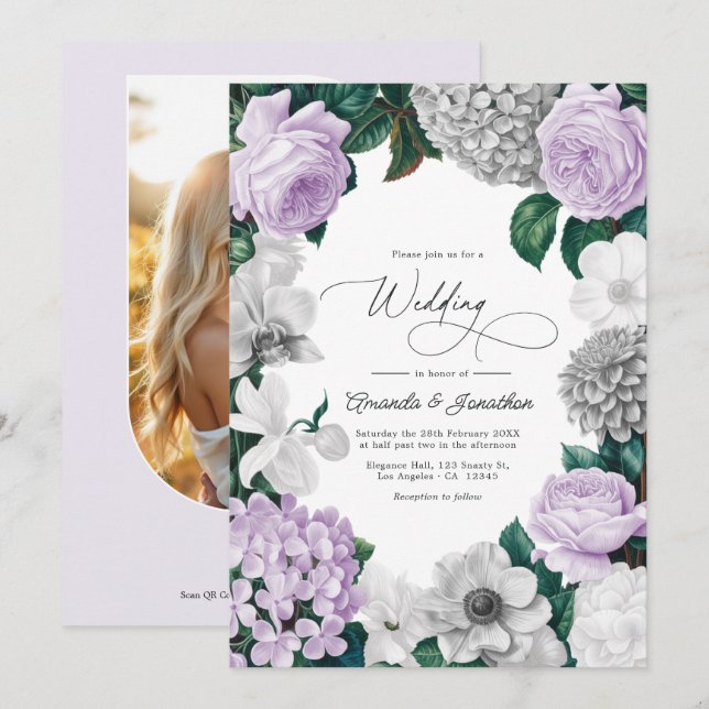 Lavender Fog, Heather Grey & Winter White Wedding Invitation (Front/Back)
