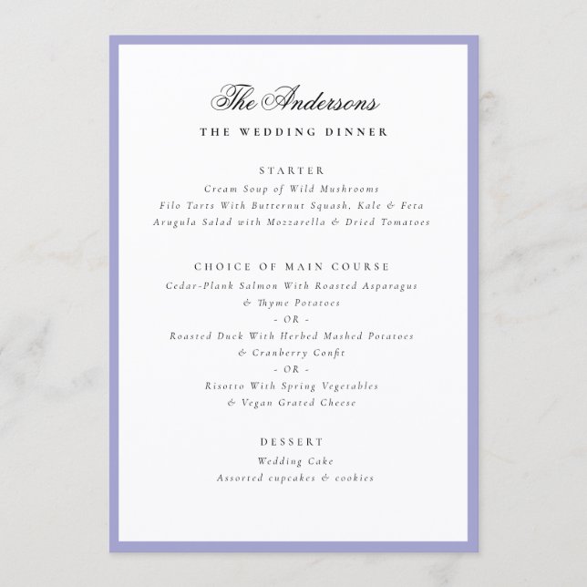Lavender Frame Calligraphy Name Wedding Dinner Menu (Front)