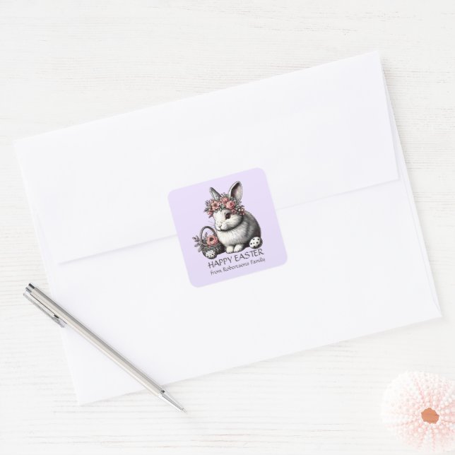 Lavender Fresh Floral Wreath Easter Bunny Rabbit  Square Sticker (Envelope)