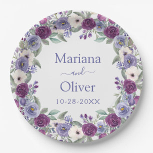 Lavender Fuchsia Blush Watercolor Floral Wedding Paper Plate