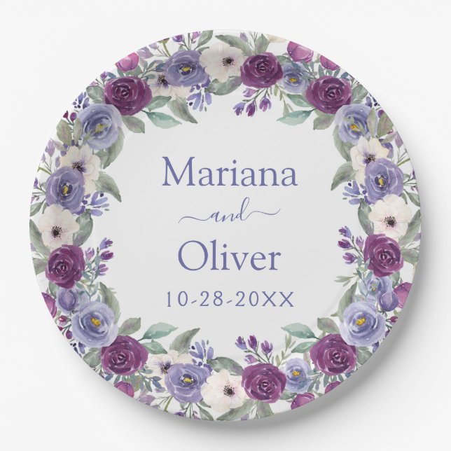 Lavender Fuchsia Blush Watercolor Floral Wedding Paper Plate (Front)