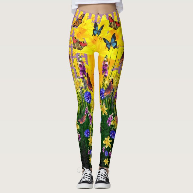 Lavender Fun Butterfly Springtime Flowers Leggings (Front)