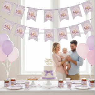 Lavender Gingham 1st Birthday Bunting Flags