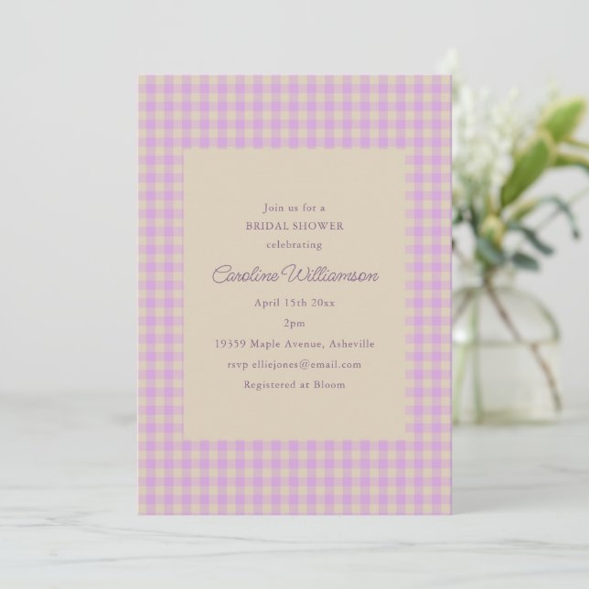 Lavender Gingham Preppy Classic Bridal Shower Invitation (Standing Front)