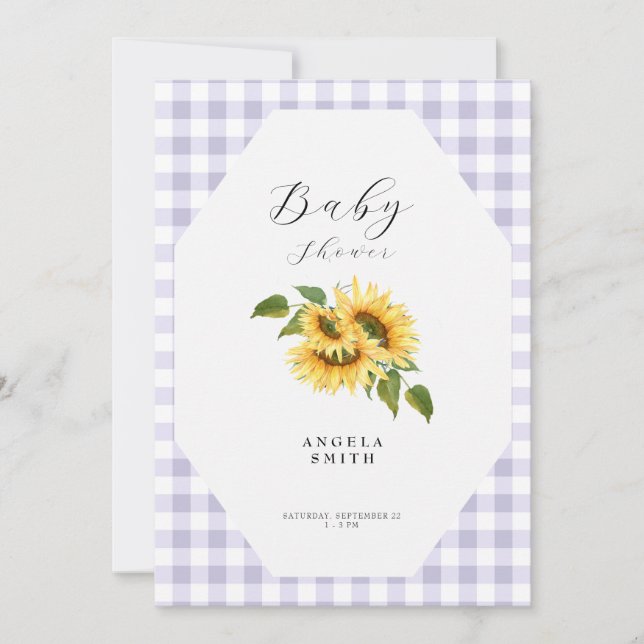 Lavender Gingham Sunflower Generic Baby Shower Invitation (Front)